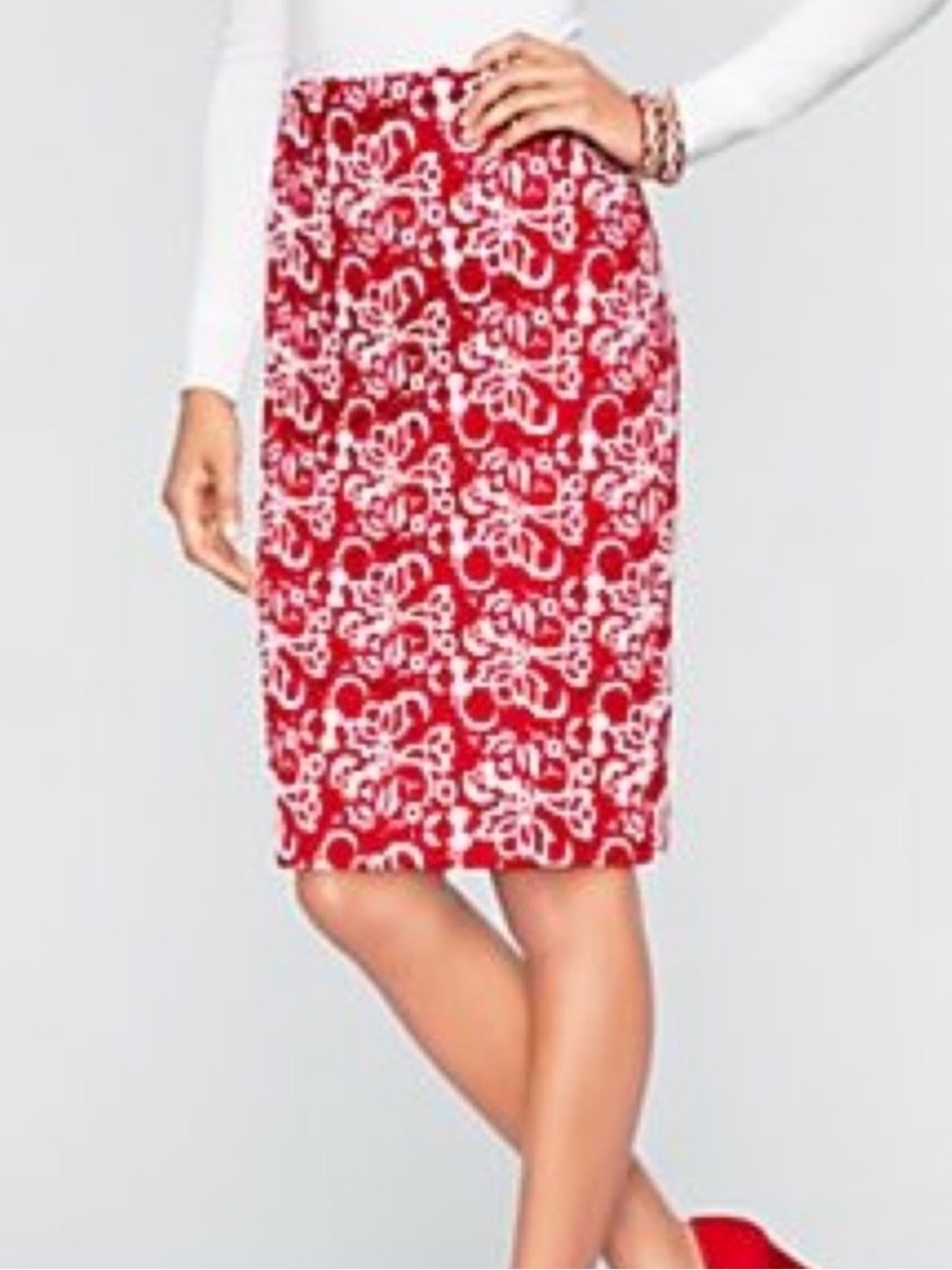 Talbots Red and White Embroidered Floral-Print Fully Lined Pencil Skirt